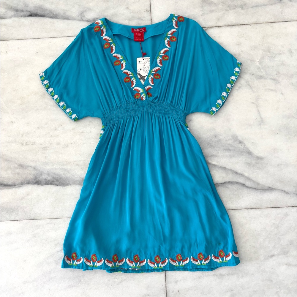 Vintage Dislay Paris Dress Mini Coverup Embroidered Cotton Turquoise Boho M NWT